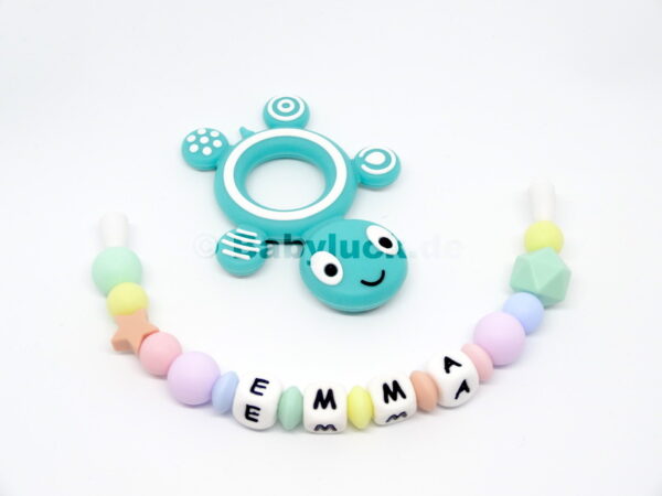 Greifling mit Name, Emma, Schildkröte türkis ,Stern, Silikon, Teether, pastell