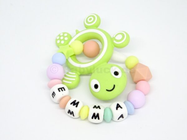 Greifling mit Name, Emma, Schildkröte grün Silikon, Teether, pastell