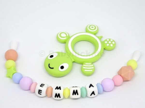 Greifling mit Name, Emma, Schildkröte grün Silikon, Teether, pastell