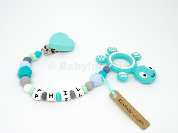 Beißkette Modell "Lennox" mit Schildkröte und Name, Phil mit Herzchen, Silikon, Teether, Babyluck
